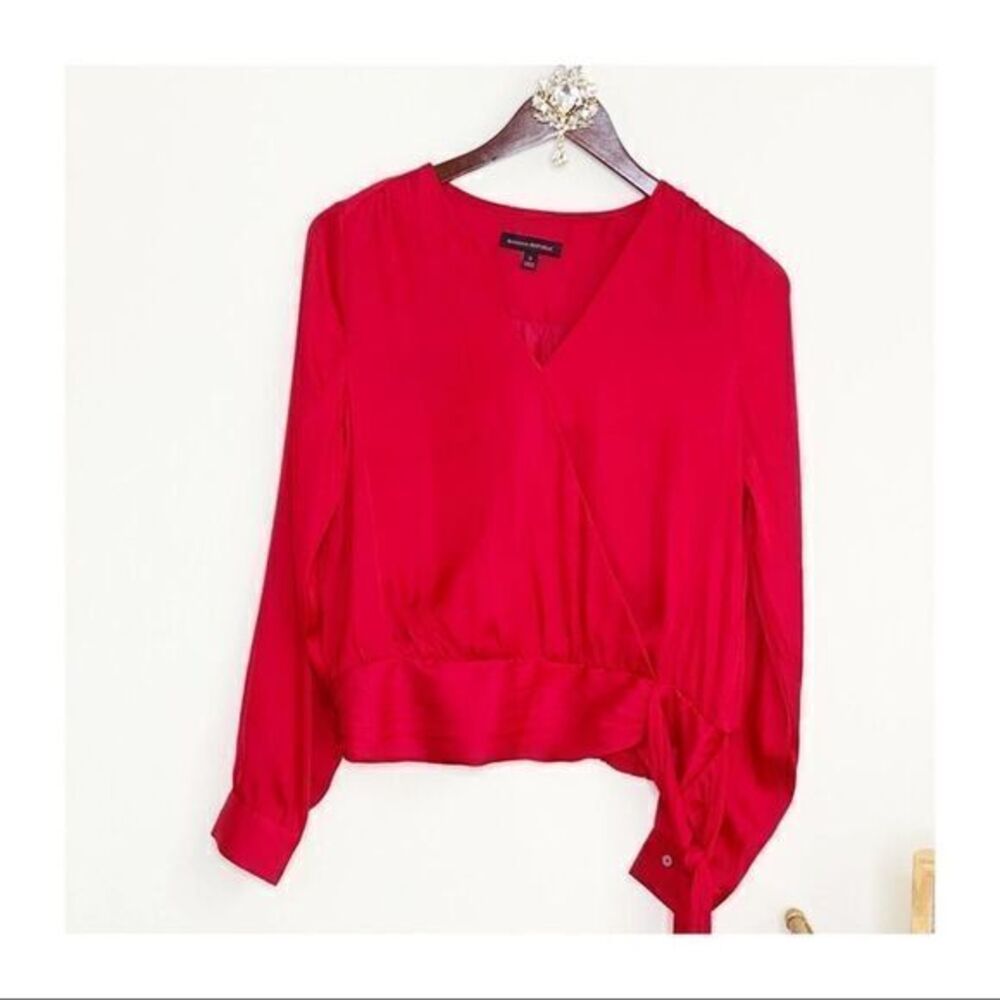 BANANA REPUBLIC Red Satin Wrap Blouse with Hem Tie SMALL